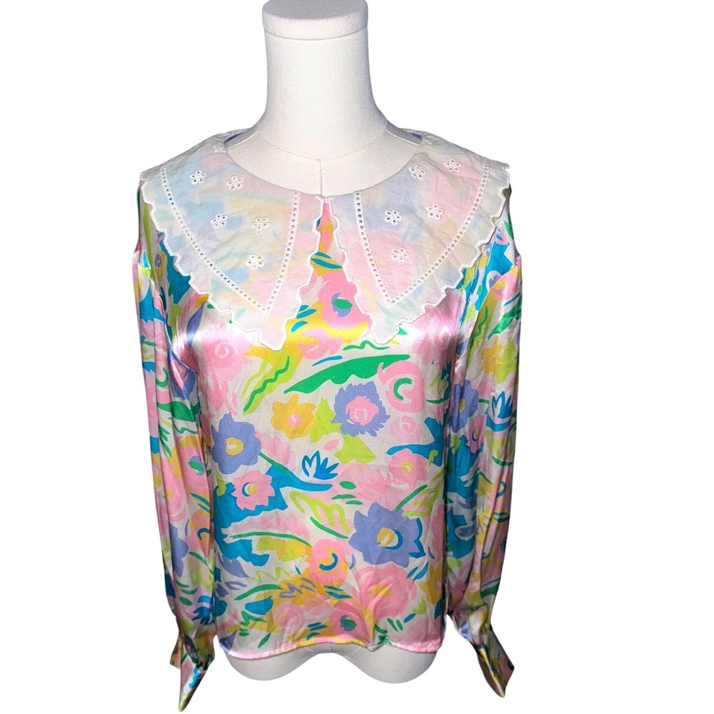 Olivia Rubin Gemma 100% Silk Blouse with Eyelet Peter Pan Collar Floral US 4 NEW